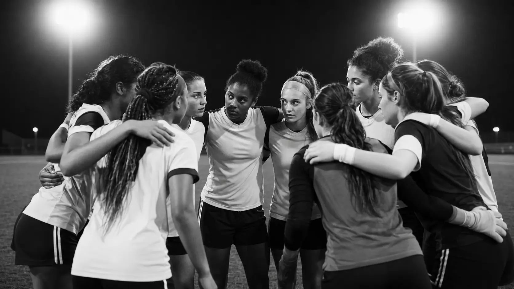 Female soccer team gathered in a confident pre-match huddle under stadium lights